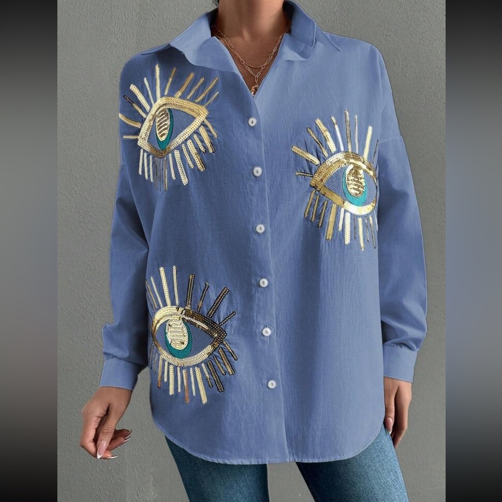 Boho blue eye embroidered button down long sleeve shirt - Picture 2 of 5